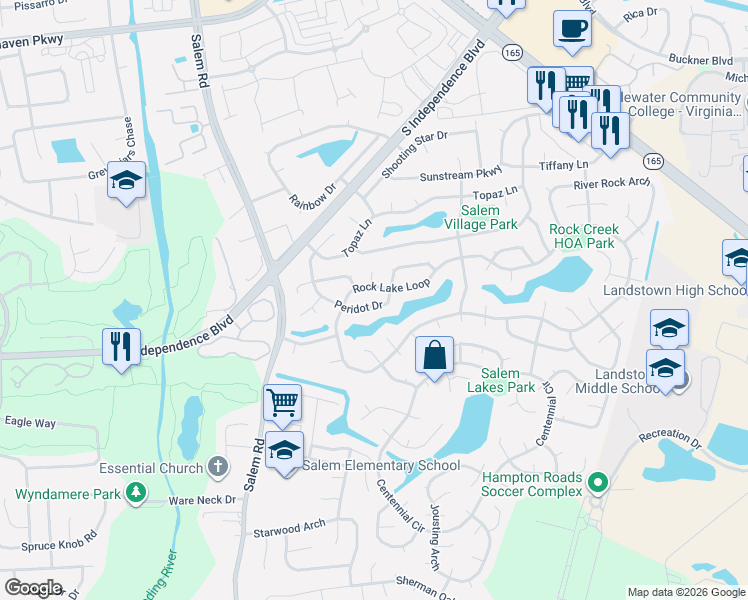 map of restaurants, bars, coffee shops, grocery stores, and more near 1844 Rock Lake Loop in Virginia Beach