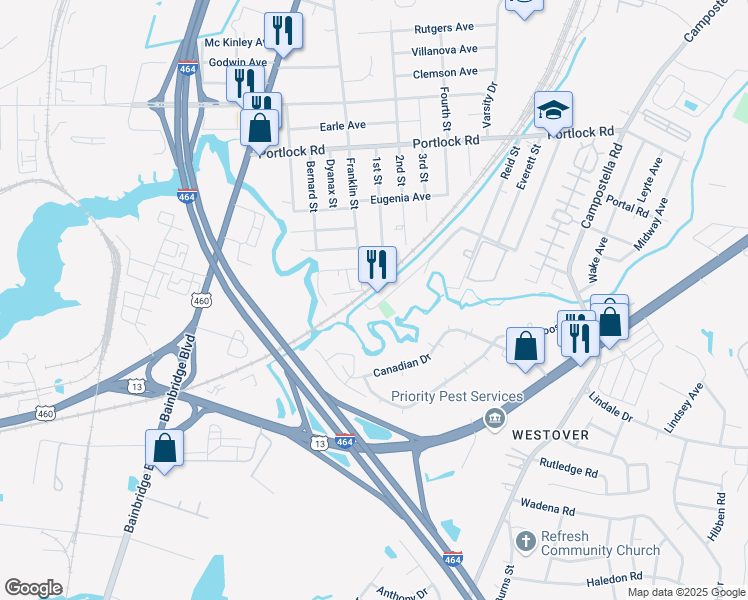 map of restaurants, bars, coffee shops, grocery stores, and more near 1125 Railroad Avenue in Chesapeake