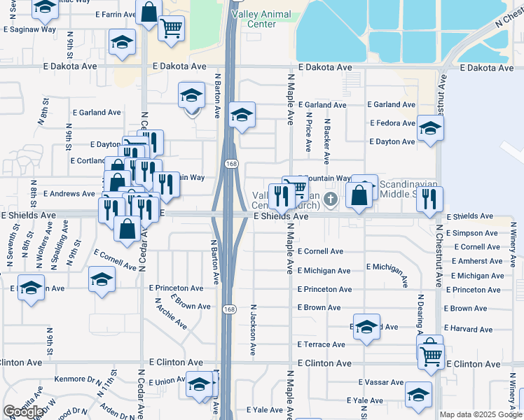map of restaurants, bars, coffee shops, grocery stores, and more near 4581 East Shields Avenue in Fresno