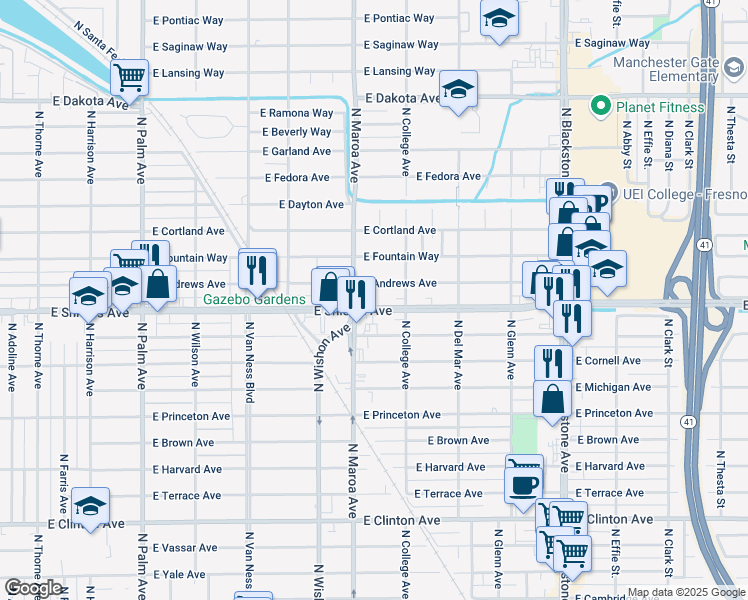 map of restaurants, bars, coffee shops, grocery stores, and more near 932 East Andrews Avenue in Fresno
