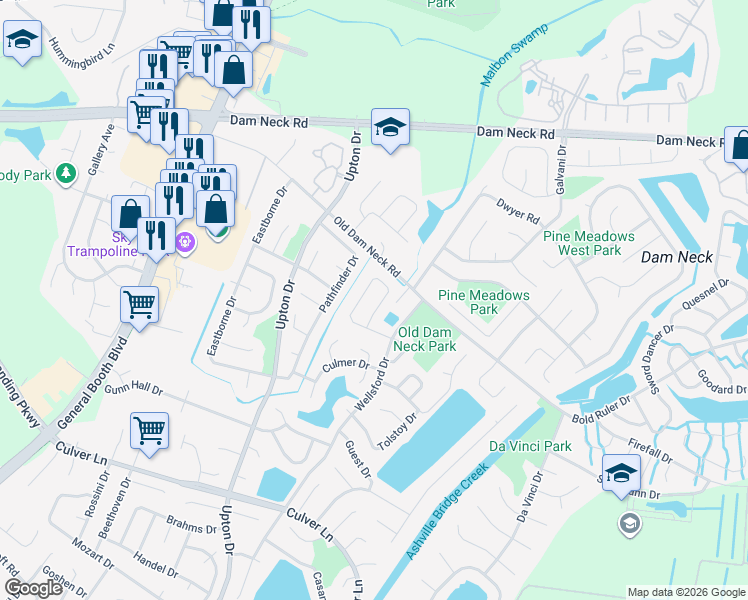 map of restaurants, bars, coffee shops, grocery stores, and more near 1077 Gauguin Drive in Virginia Beach