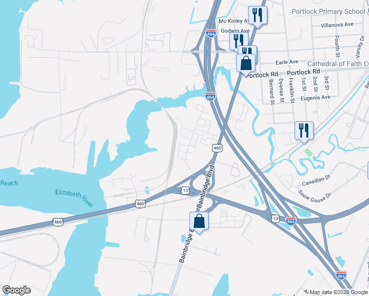 map of restaurants, bars, coffee shops, grocery stores, and more near 588 Marc Smiley Road in Chesapeake