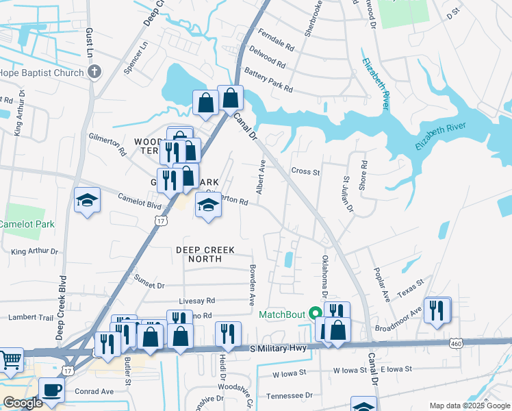 map of restaurants, bars, coffee shops, grocery stores, and more near 2409 Gilmerton Road in Chesapeake