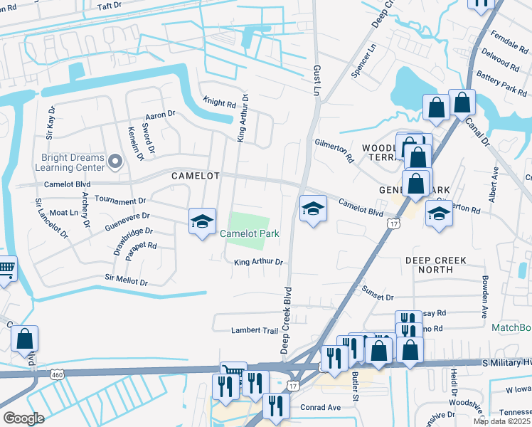 map of restaurants, bars, coffee shops, grocery stores, and more near 2809 Eric Court in Chesapeake