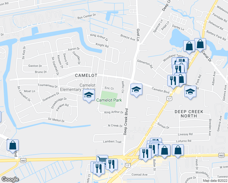 map of restaurants, bars, coffee shops, grocery stores, and more near 2813 Eric Court in Chesapeake