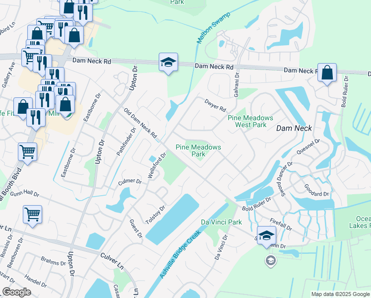 map of restaurants, bars, coffee shops, grocery stores, and more near 1665 Kepler Bend in Virginia Beach