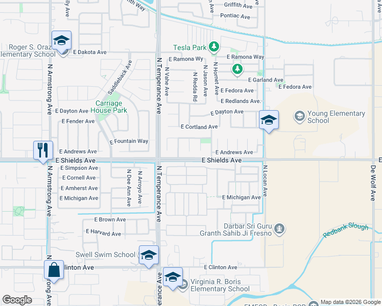 map of restaurants, bars, coffee shops, grocery stores, and more near 3010 North Redda Road in Fresno