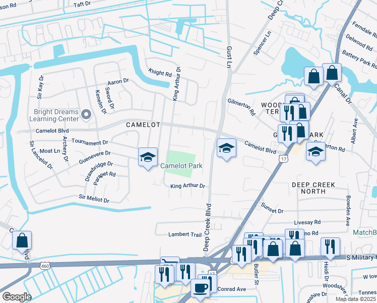 map of restaurants, bars, coffee shops, grocery stores, and more near 2815 Eric Court in Chesapeake