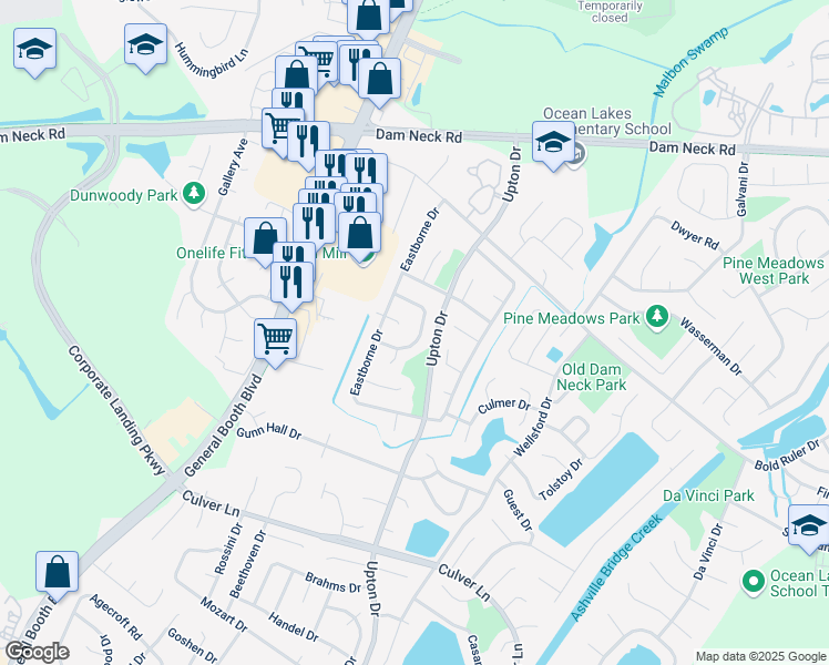 map of restaurants, bars, coffee shops, grocery stores, and more near 1153 Broadlawn Road in Virginia Beach
