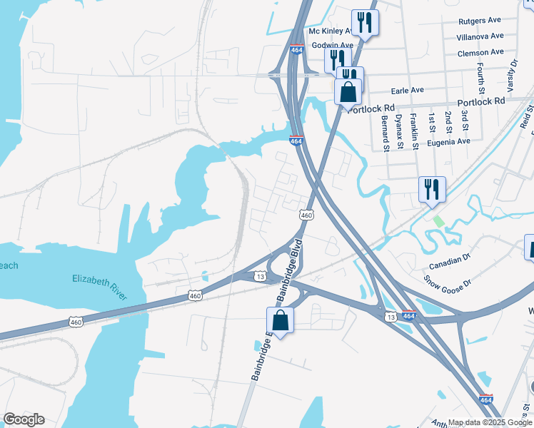 map of restaurants, bars, coffee shops, grocery stores, and more near 601 Dupree Lane in Chesapeake