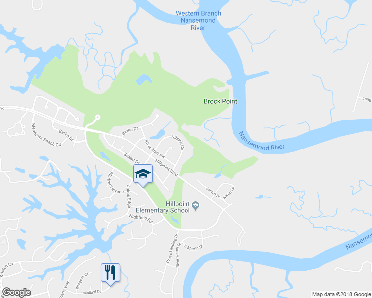 map of restaurants, bars, coffee shops, grocery stores, and more near 125 Niblick Circle in Suffolk
