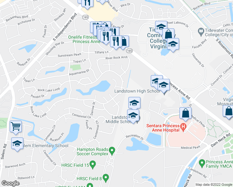 map of restaurants, bars, coffee shops, grocery stores, and more near 2128 Rock Lake Loop in Virginia Beach