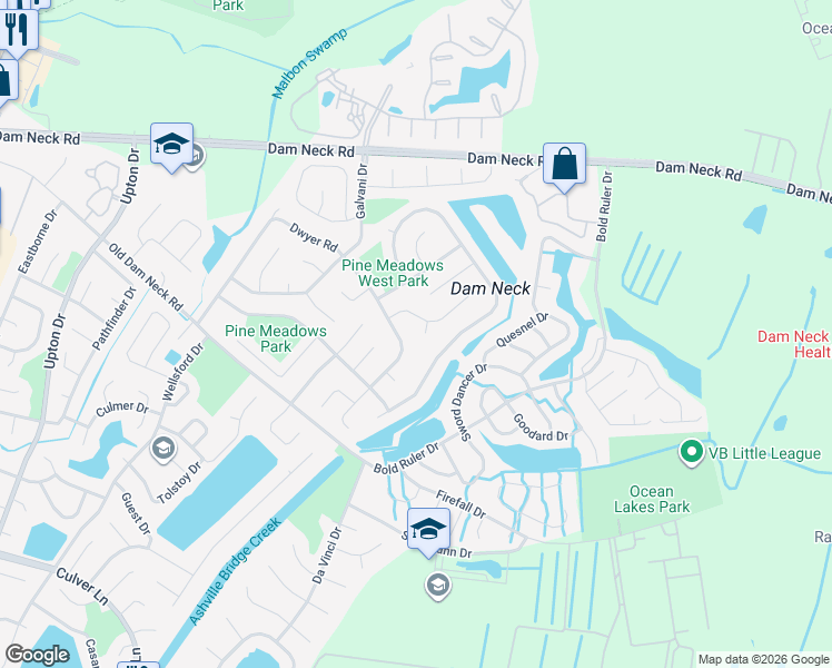 map of restaurants, bars, coffee shops, grocery stores, and more near 1605 Doppler Court in Virginia Beach