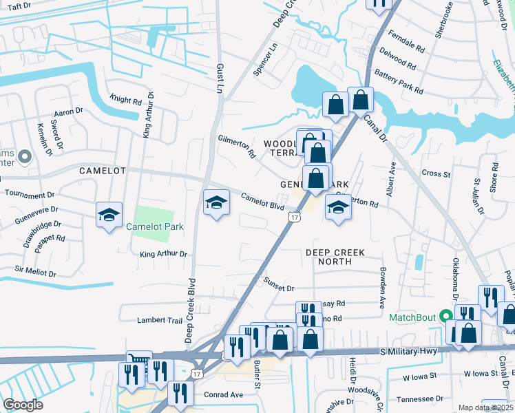 map of restaurants, bars, coffee shops, grocery stores, and more near 2829 Camelot Boulevard in Chesapeake