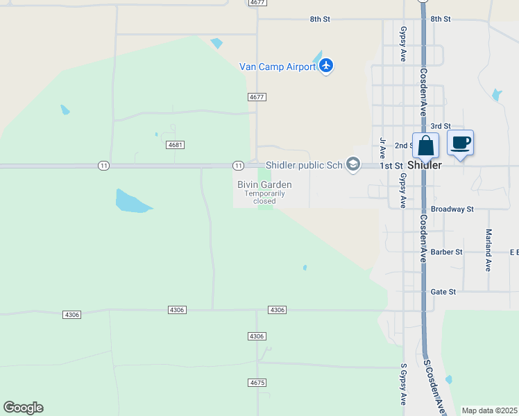 map of restaurants, bars, coffee shops, grocery stores, and more near 500 West First Street in Shidler