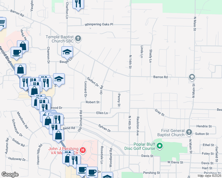 map of restaurants, bars, coffee shops, grocery stores, and more near 1605 Seifert Drive in Poplar Bluff