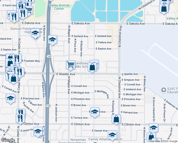 map of restaurants, bars, coffee shops, grocery stores, and more near 4677 East Shields Avenue in Fresno