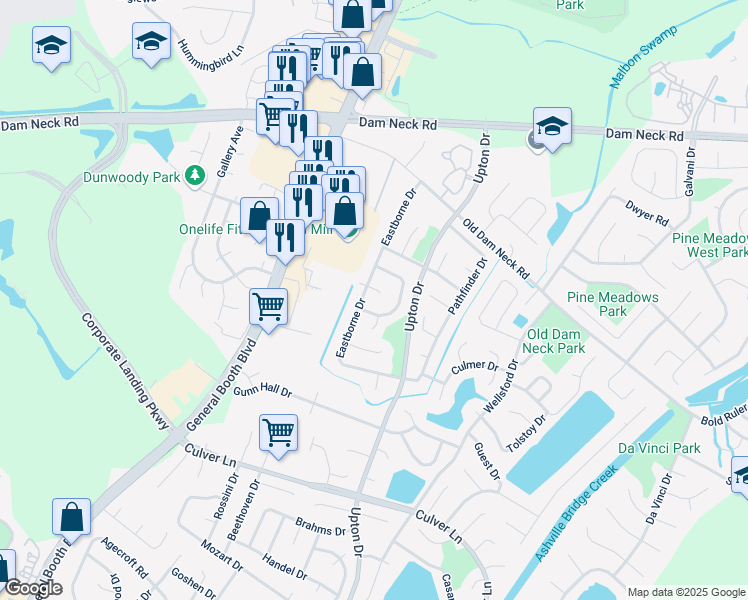 map of restaurants, bars, coffee shops, grocery stores, and more near 1113 Seabright Court in Virginia Beach