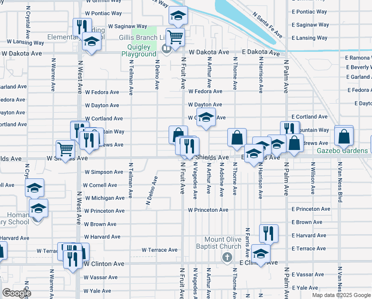 map of restaurants, bars, coffee shops, grocery stores, and more near 3210 North Fruit Avenue in Fresno
