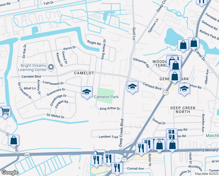 map of restaurants, bars, coffee shops, grocery stores, and more near 2819 Eric Court in Chesapeake