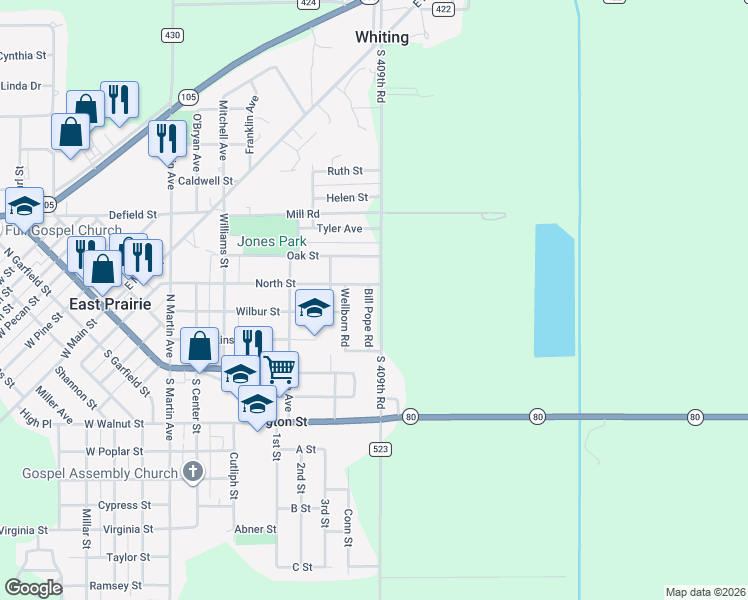 map of restaurants, bars, coffee shops, grocery stores, and more near 309 Bill Pope Road in East Prairie