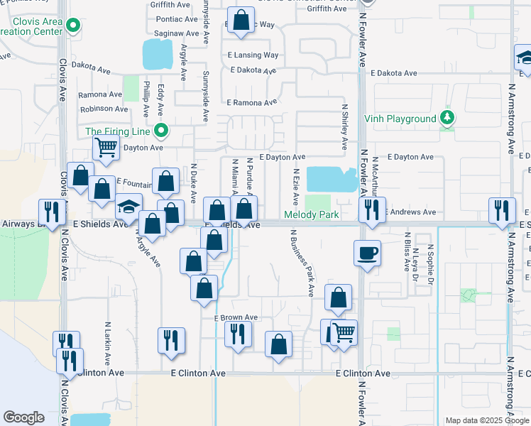 map of restaurants, bars, coffee shops, grocery stores, and more near 3228 North Fordham Avenue in Fresno