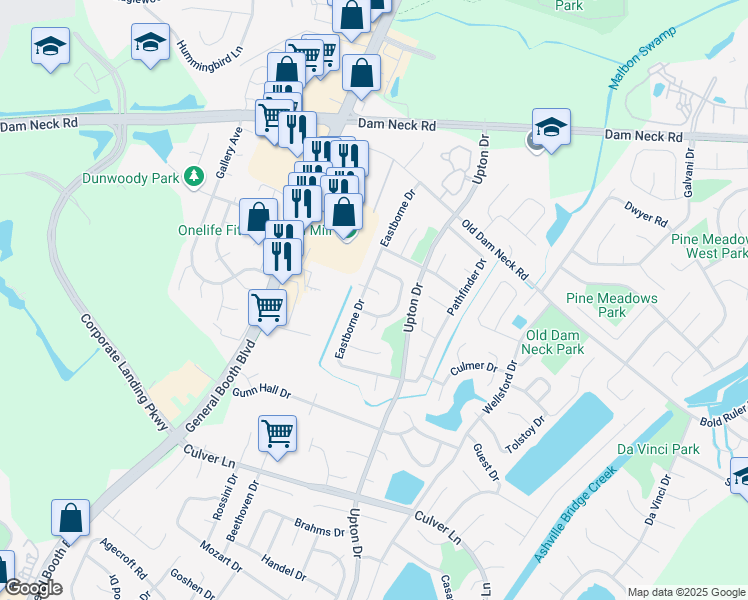 map of restaurants, bars, coffee shops, grocery stores, and more near 1113 Seabright Court in Virginia Beach