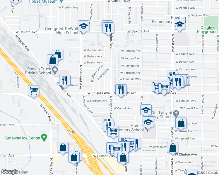 map of restaurants, bars, coffee shops, grocery stores, and more near 3233 North Hughes Avenue in Fresno