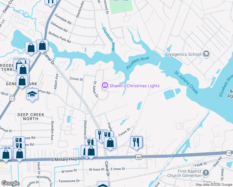 map of restaurants, bars, coffee shops, grocery stores, and more near 1012 Shore Road in Chesapeake