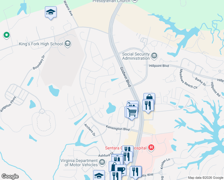 map of restaurants, bars, coffee shops, grocery stores, and more near 128 Majestic Drive North in Suffolk