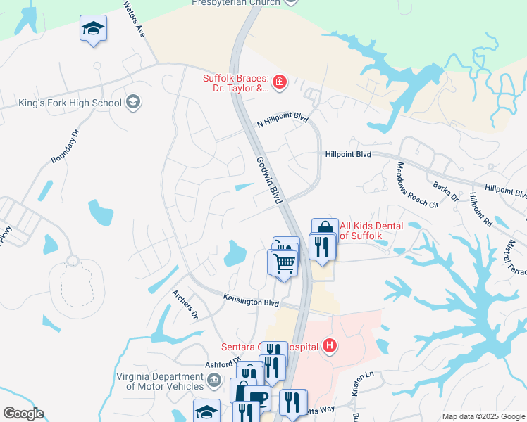 map of restaurants, bars, coffee shops, grocery stores, and more near 2098 Hillpoint Boulevard North in Suffolk