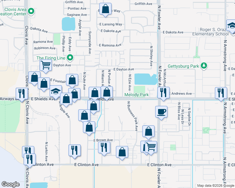 map of restaurants, bars, coffee shops, grocery stores, and more near 3220 North Fordham Avenue in Fresno