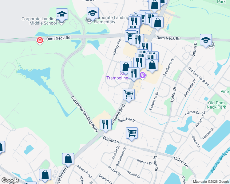 map of restaurants, bars, coffee shops, grocery stores, and more near 1613 Rollins Court in Virginia Beach