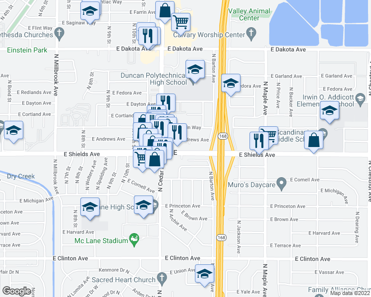 map of restaurants, bars, coffee shops, grocery stores, and more near 4345 East Shields Avenue in Fresno