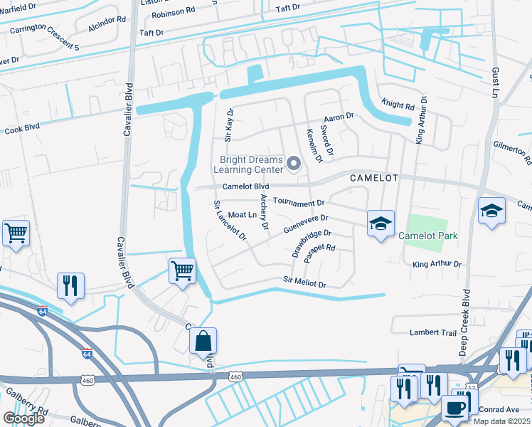 map of restaurants, bars, coffee shops, grocery stores, and more near 917 Archery Drive in Chesapeake