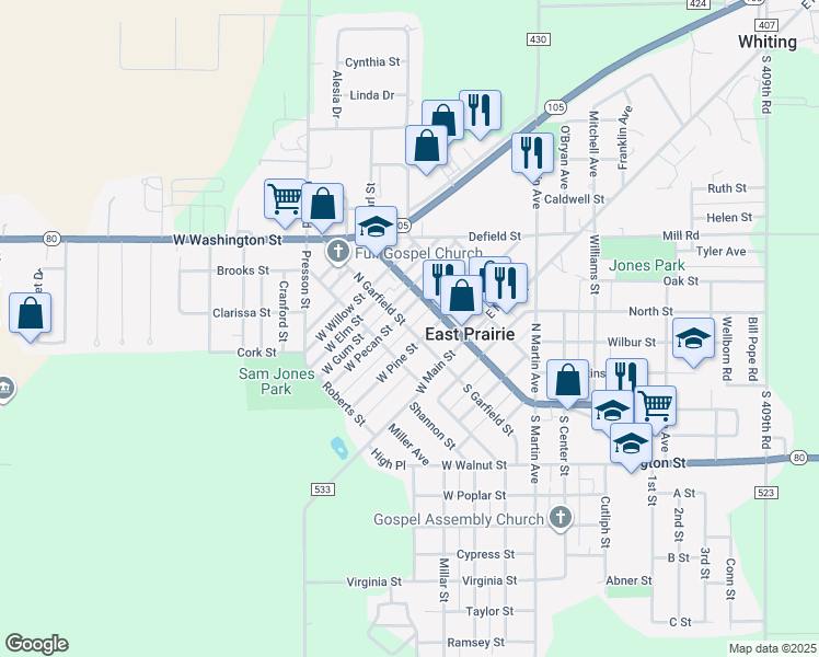 map of restaurants, bars, coffee shops, grocery stores, and more near 253 North Garfield Street in East Prairie