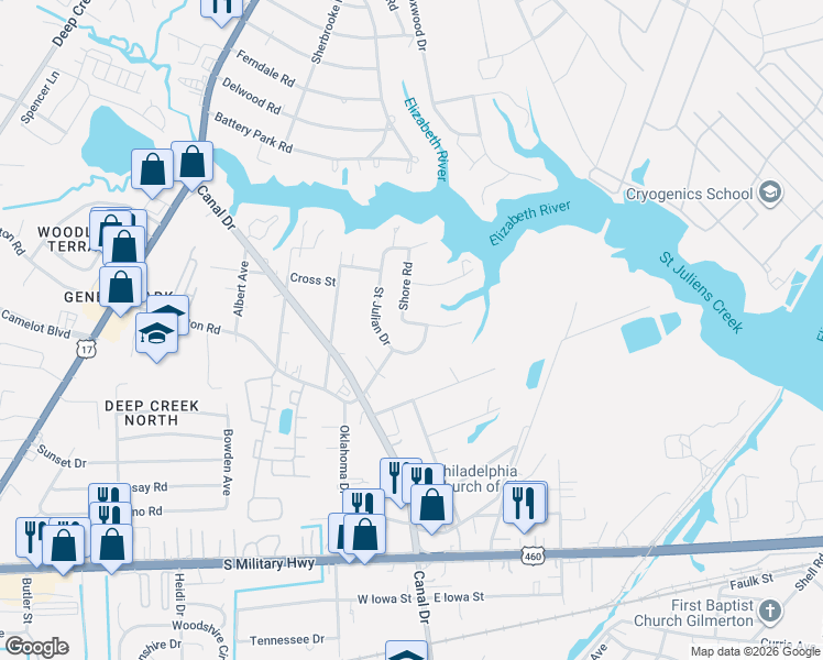 map of restaurants, bars, coffee shops, grocery stores, and more near 1104 Shore Road in Chesapeake