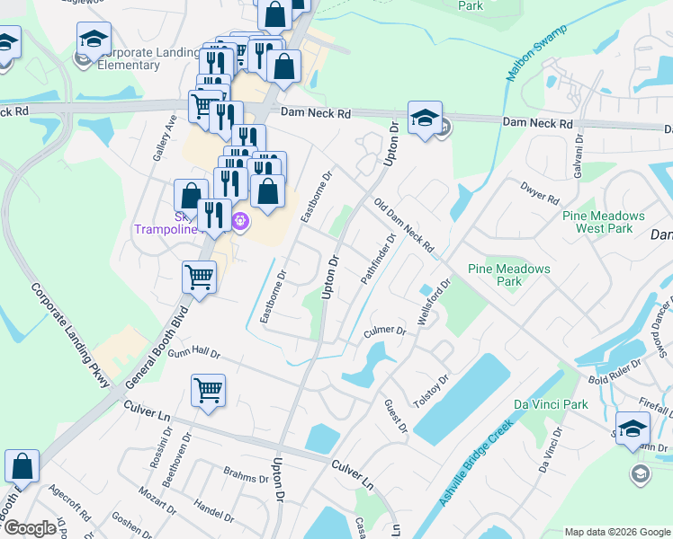 map of restaurants, bars, coffee shops, grocery stores, and more near 1121 Sunview Court in Virginia Beach