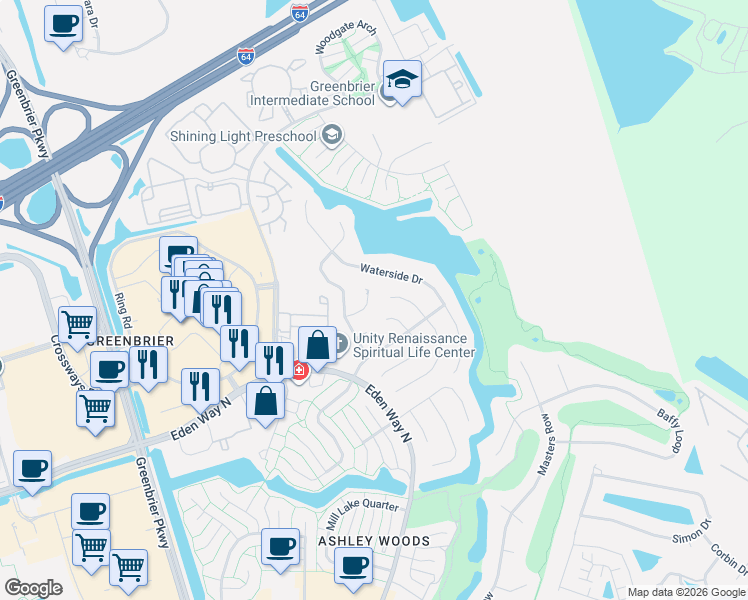 map of restaurants, bars, coffee shops, grocery stores, and more near 1313 Forest Point Drive in Chesapeake