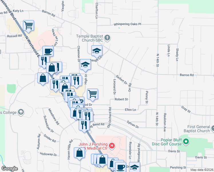 map of restaurants, bars, coffee shops, grocery stores, and more near 2313 Leonard Drive in Poplar Bluff