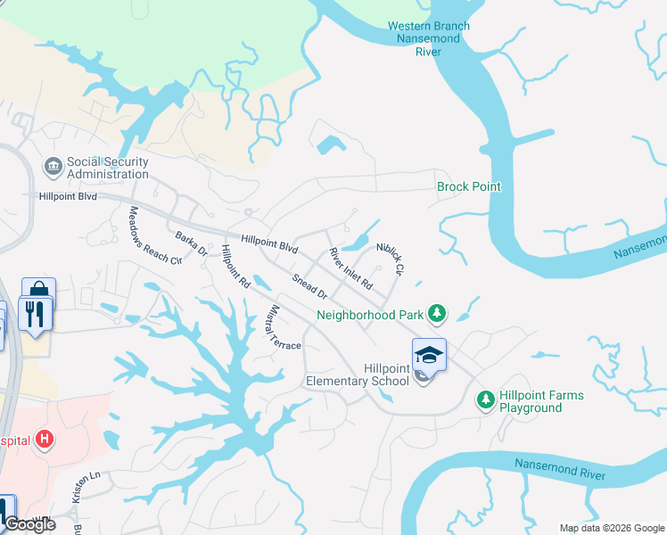 map of restaurants, bars, coffee shops, grocery stores, and more near 208 River Inlet Rd in Suffolk