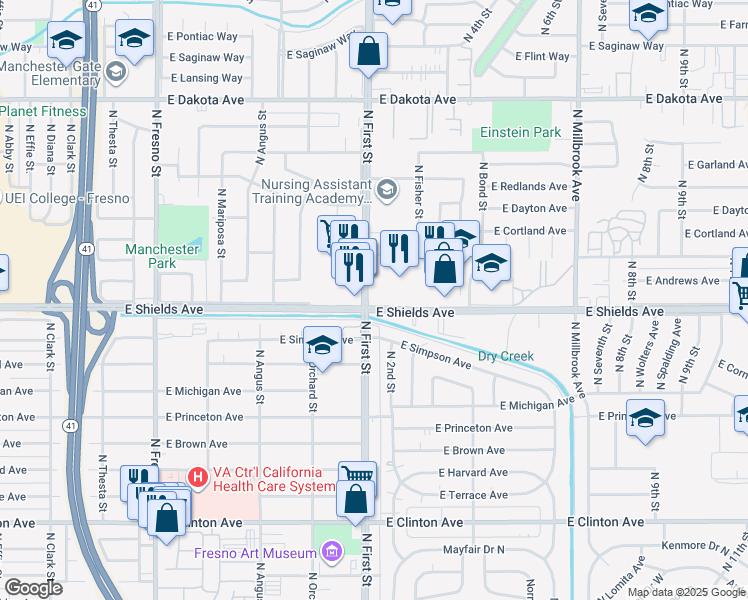 map of restaurants, bars, coffee shops, grocery stores, and more near 3109 E Shields Ave in Fresno