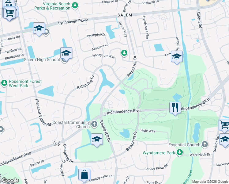 map of restaurants, bars, coffee shops, grocery stores, and more near 2009 Springside Court in Virginia Beach