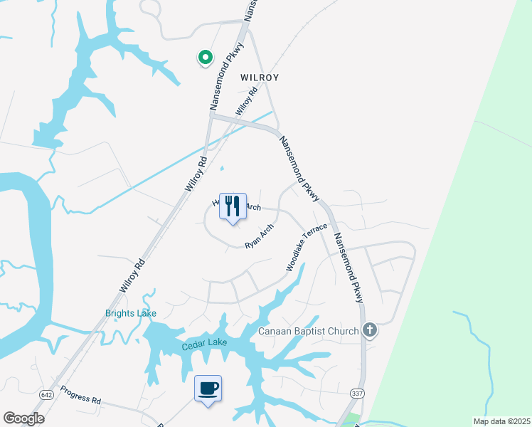 map of restaurants, bars, coffee shops, grocery stores, and more near 213 Holbrook Arch in Suffolk