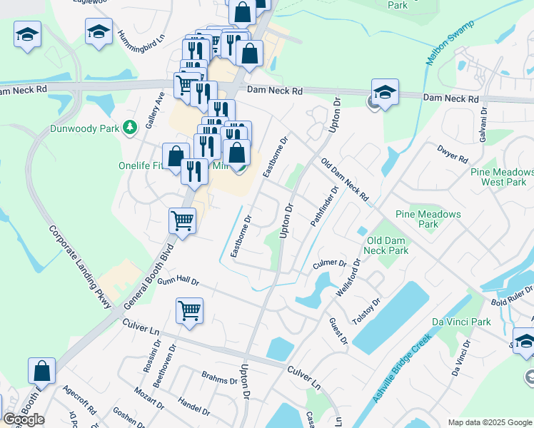 map of restaurants, bars, coffee shops, grocery stores, and more near 1113 Seabright Court in Virginia Beach