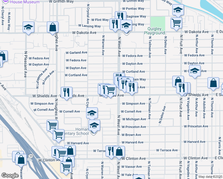 map of restaurants, bars, coffee shops, grocery stores, and more near 1343 West Andrews in Fresno