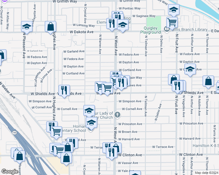 map of restaurants, bars, coffee shops, grocery stores, and more near 1333 West Andrews Avenue in Fresno