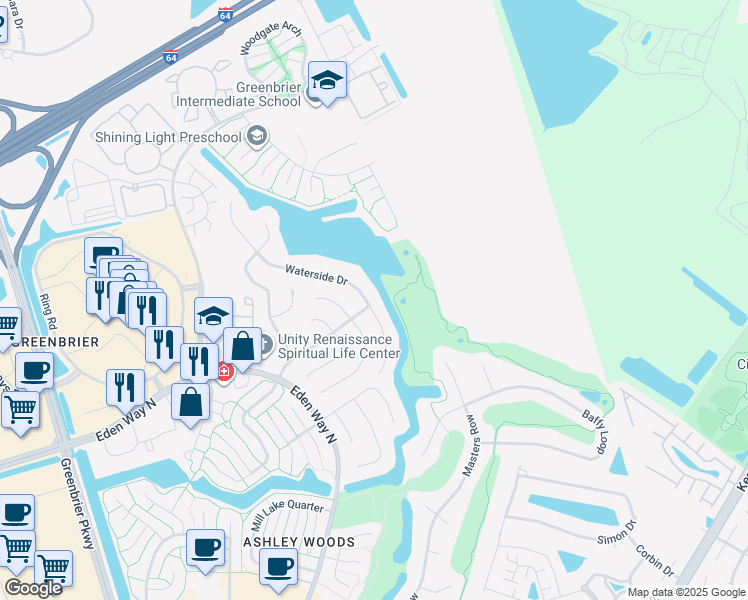 map of restaurants, bars, coffee shops, grocery stores, and more near 1444 Waterside Drive in Chesapeake