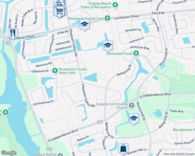 map of restaurants, bars, coffee shops, grocery stores, and more near 1925 Ripplemead Drive in Virginia Beach