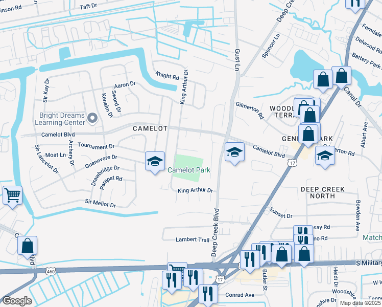 map of restaurants, bars, coffee shops, grocery stores, and more near 2819 Eric Court in Chesapeake